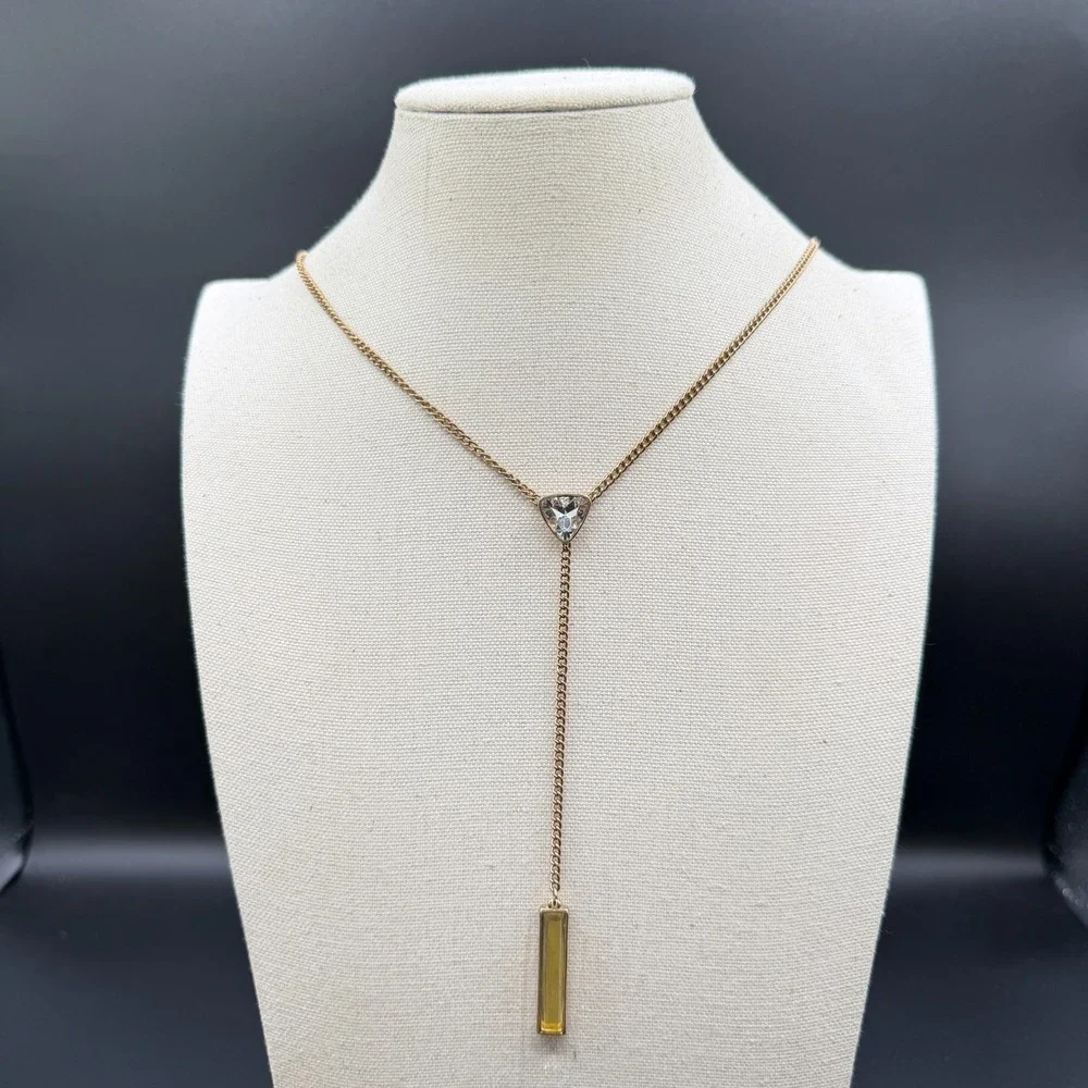 Gold Tone Y Drop Lariat Necklace Clear Triangle Crystal Amber Tone Bar Pendant